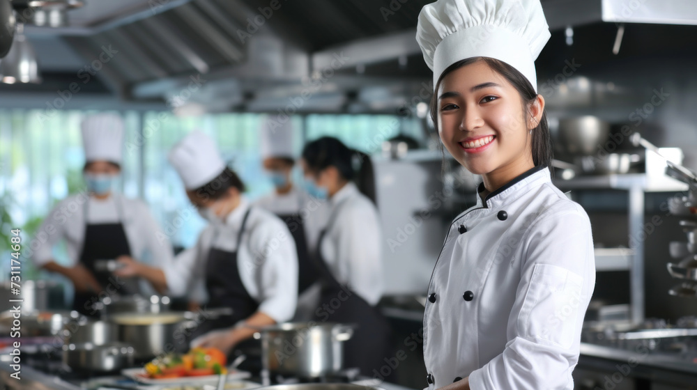 Young Asian female cook in professional restaurant kitchen, team of cooks in the background Young Asian female cook in professional restaurant kitchen, team of cooks in the background