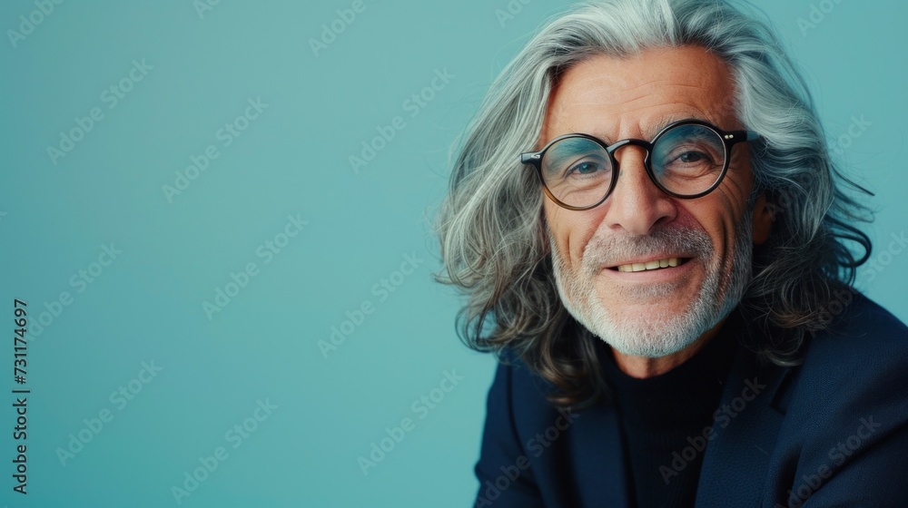 Gray-haired man with glasses smiling wearing a dark suit and a black turtleneck against a light blue background. Gray-haired man with glasses smiling wearing a dark suit and a black turtleneck against a light blue background.