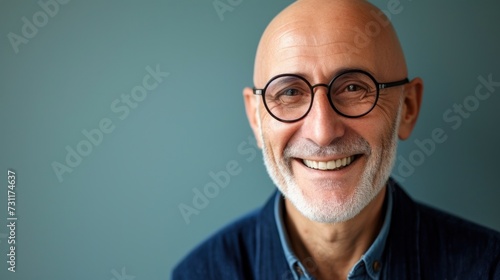 Smiling bald man with glasses and white beard wearing blue shirt against blue background.