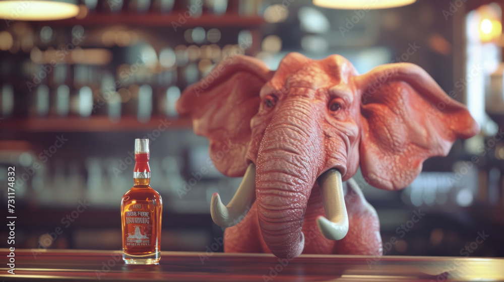 Pink elephant with hard liquor in restaurant - alcoholism, alcohol psychosis concept - obrazy, fototapety, plakaty 