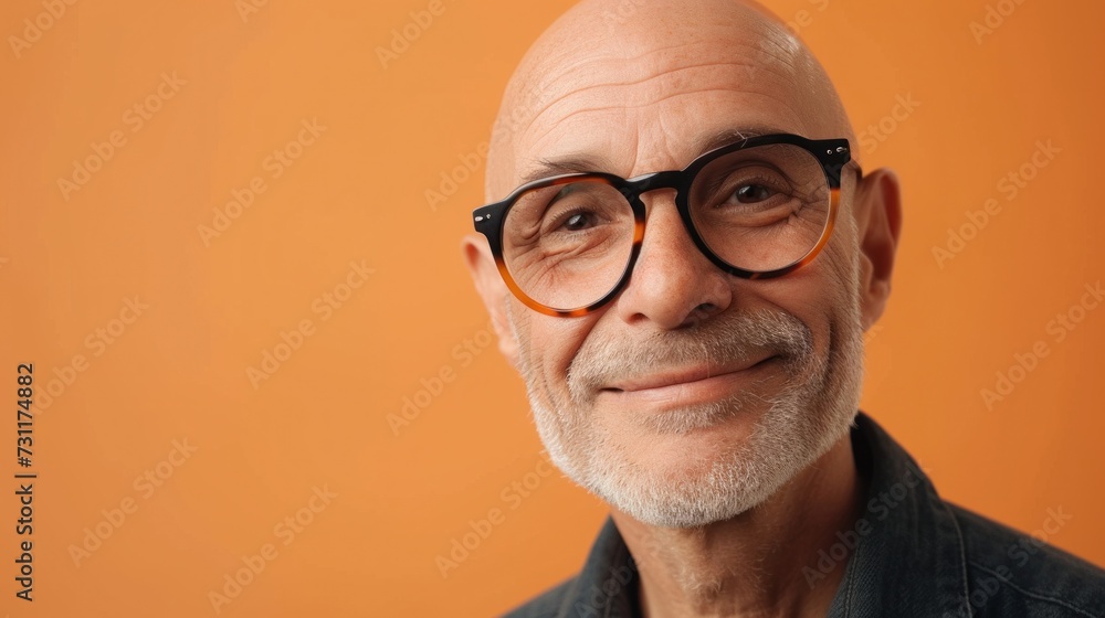 Bald man with glasses and a beard smiling against an orange background.
