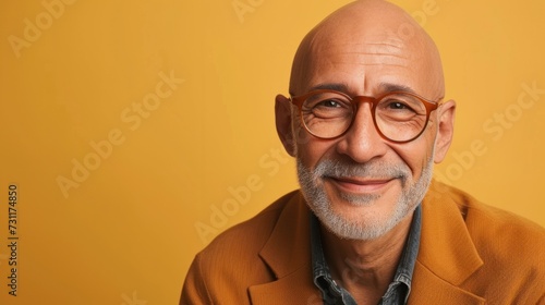 Smiling older man with glasses and a bald head wearing a brown jacket.