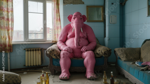 Pink elephant in apartment - alcoholic psychosis, delirium tremens concept photo