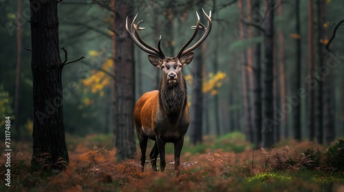 Full body of majestic red deer stag in Forest