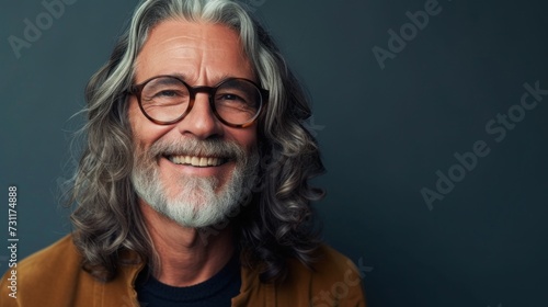 Smiling man with gray hair and glasses wearing a brown shirt against a dark blue background. © iuricazac