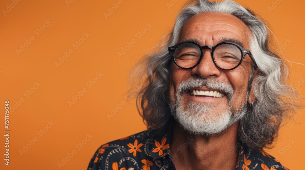 Smiling man with gray hair and beard wearing glasses and a patterned shirt against an orange background. Smiling man with gray hair and beard wearing glasses and a patterned shirt against an orange background.