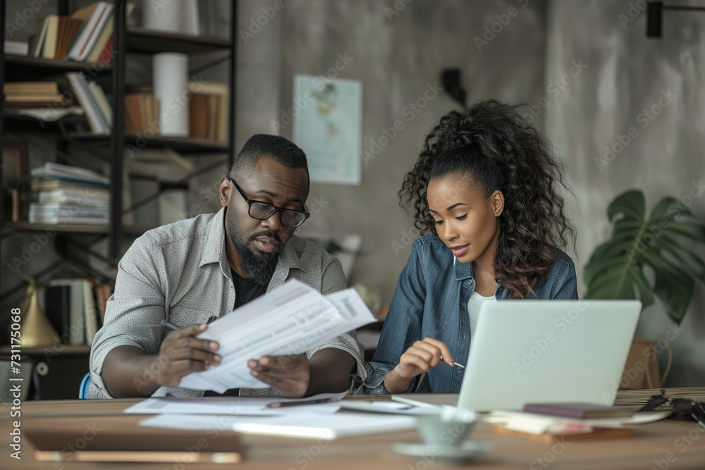 A couple looking at a paper with the month's bills and analyzing their finances A couple looking at a paper with the month's bills and analyzing their finances