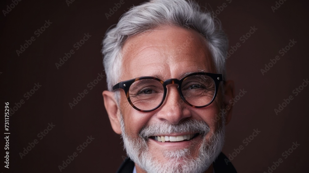 Smiling man with grey hair and glasses against a blurred background.