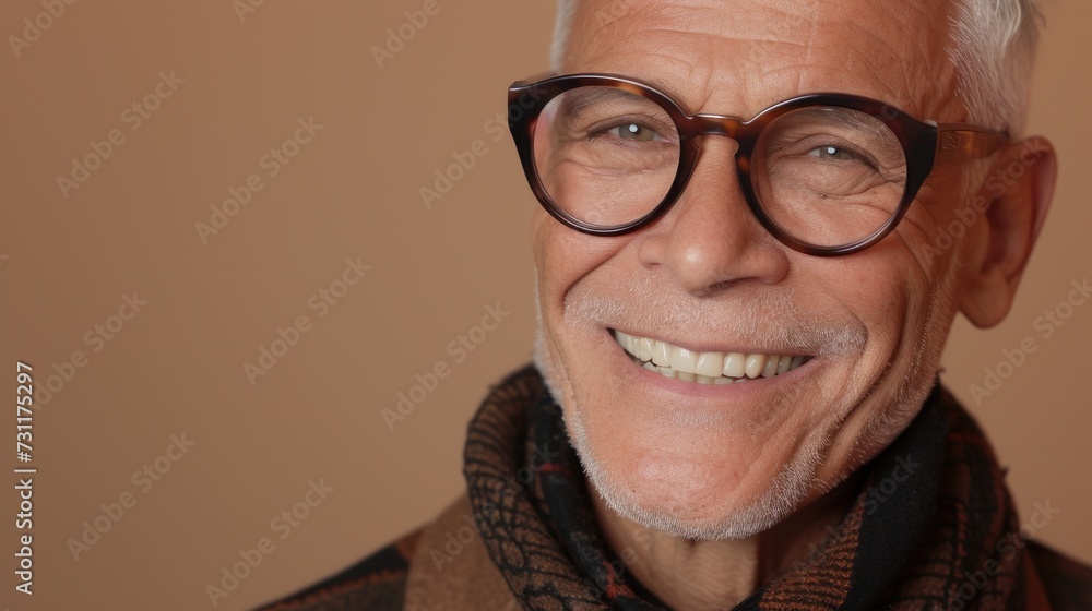 Smiling elderly man with white hair wearing glasses and a patterned scarf against a warm beige background. Smiling elderly man with white hair wearing glasses and a patterned scarf against a warm beige background.