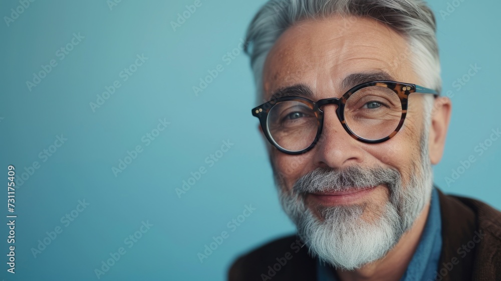 Smiling man with gray beard and hair wearing glasses and a blue shirt against a blue background.