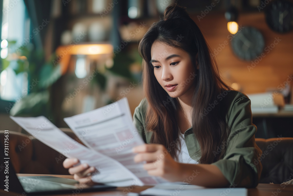 Woman looking at a paper with the month bills Woman looking at a paper with the month bills