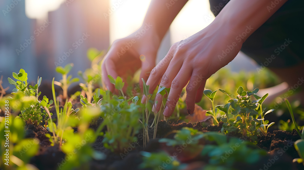 Fototapeta premium Hands holding herbs on a balcony. Rooftop Gardening