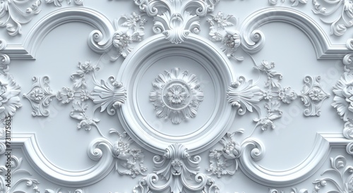 Victorian-style white decorative elements on 3D ceiling wall wallpaper, complemented by a frame-like background. photo