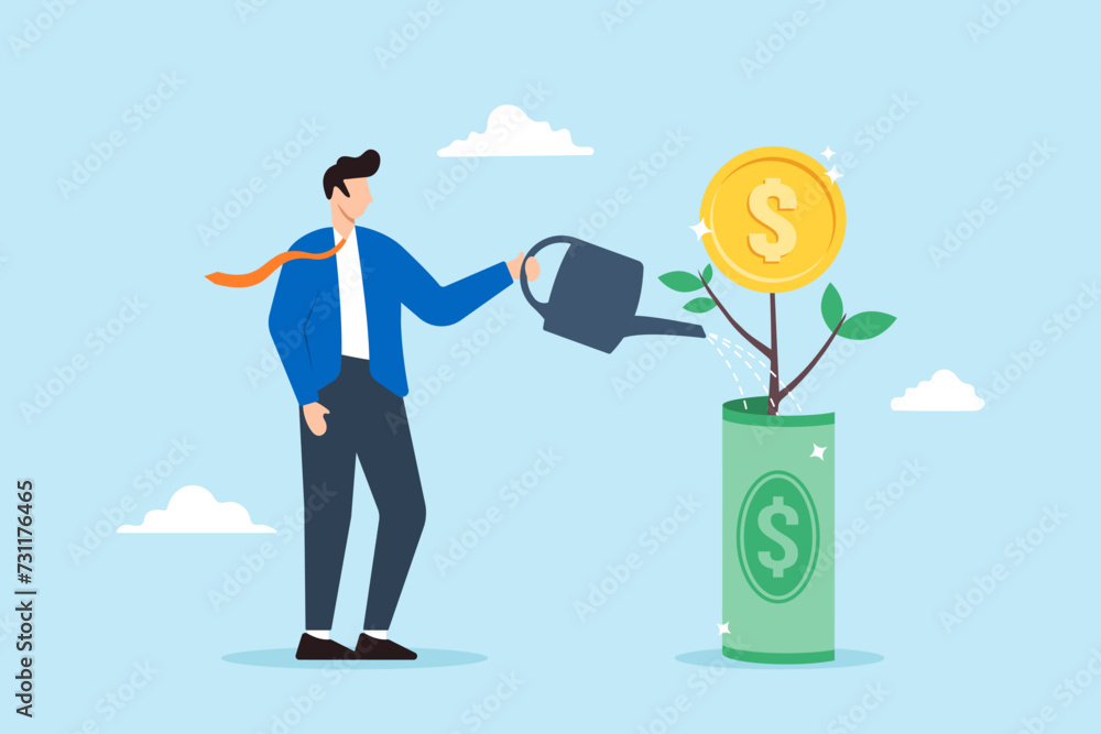 Businessman watering dollar money with coin flower Businessman watering dollar money with coin flower
