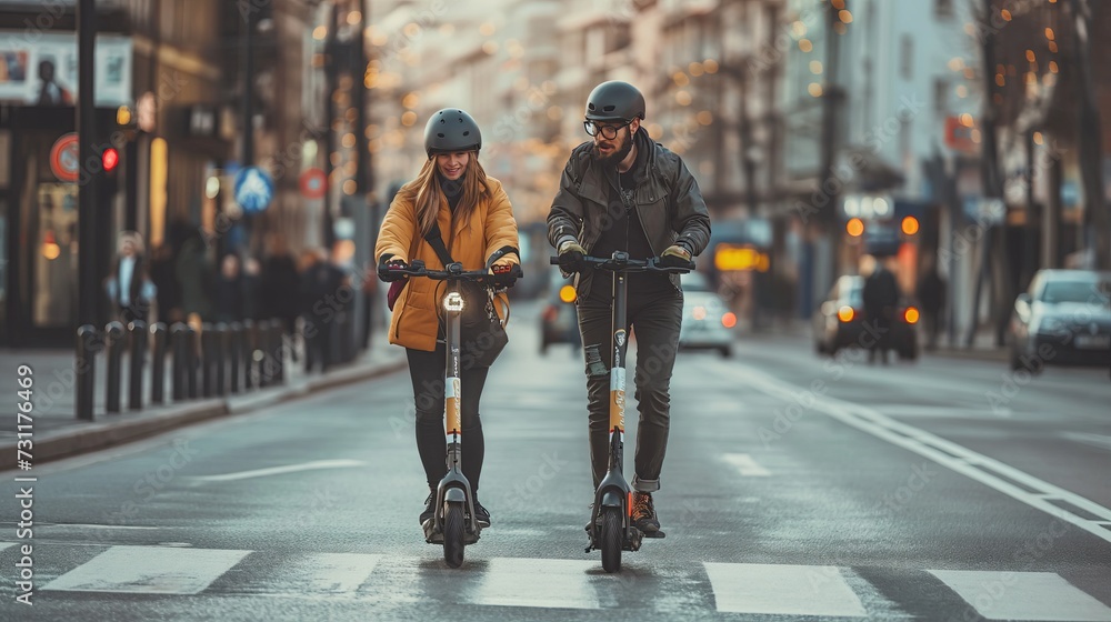 Two people on electric scooters riding
