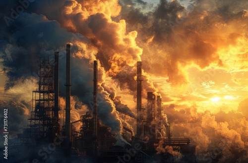 As the fiery sunset casts a warm glow over the fields, the towering factory belches thick clouds of pollution into the once pristine sky, a stark reminder of the destructive nature of industry on our