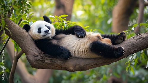 Lazy Panda Bear Sleeping on a Tree Branch