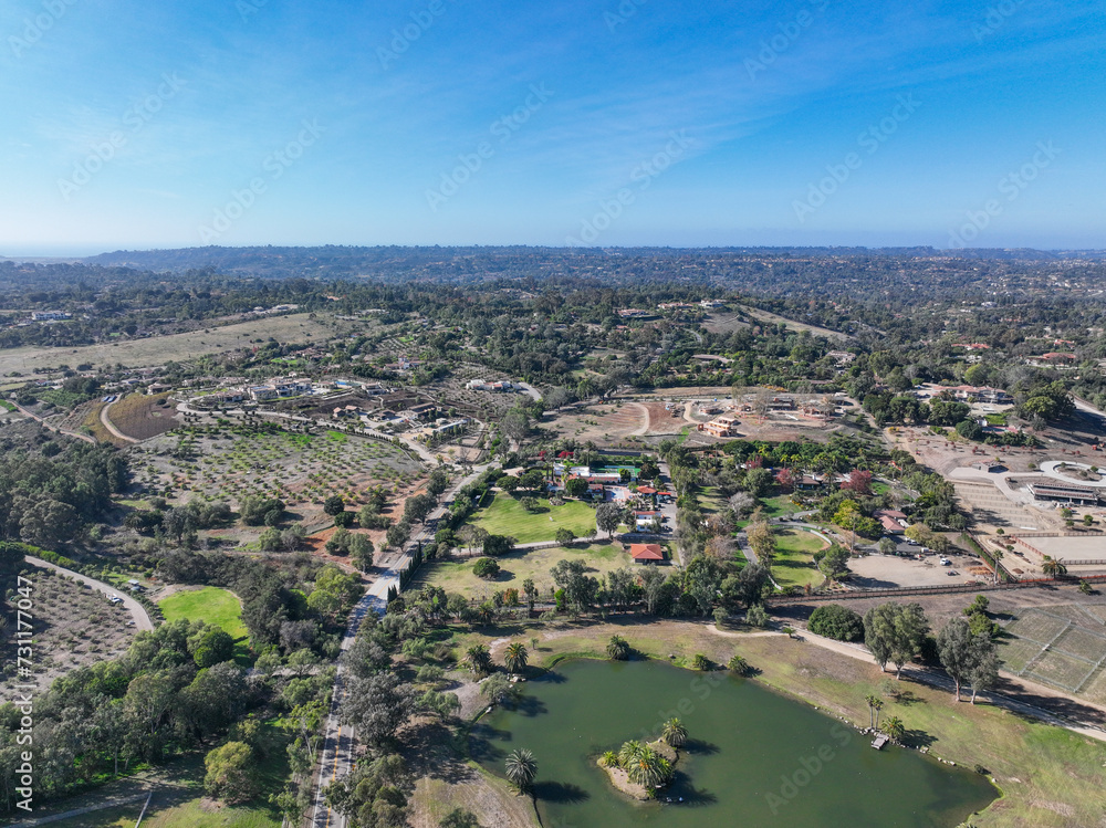Fototapeta premium Aerial view over Rancho Santa Fe super wealthy town in San Diego, California, USA