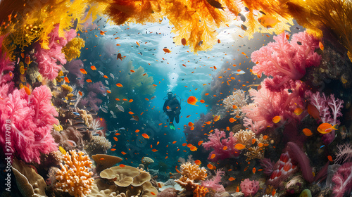 A scuba diver exploring a colorful coral reef with fish. Underwater Exploration