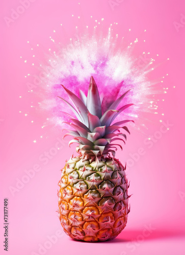 Pineapple splash on pink background, minimal. Summertime fashionable creative concept. Fresh pineapple for package, grocery product advert