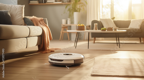 White robot vacuum cleaner cleaning the floor in modern living room interior