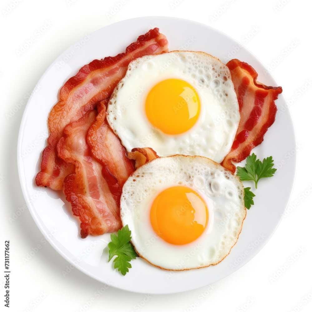 Fried egg and bacon for breakfast isolated on white background. Creative minimal concept. Top view. Fried egg and bacon for breakfast isolated on white background. Creative minimal concept. Top view.