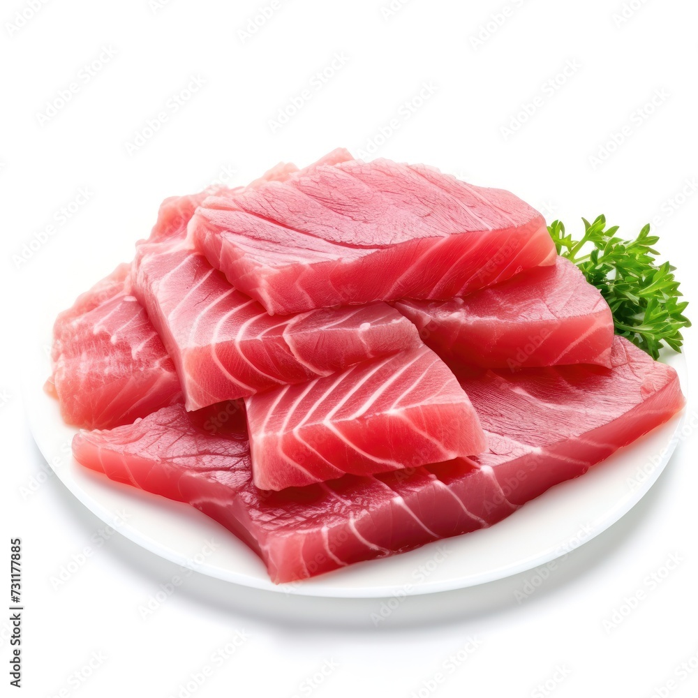 Fresh tuna fish fillet garnished with parsley isolated on white background. Tuna steak sliced for package, grocery product advert Fresh tuna fish fillet garnished with parsley isolated on white background. Tuna steak sliced for package, grocery product advert