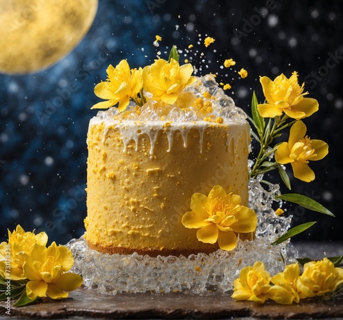 Piece of cake with butter cream and yellow flowers on dark background photo