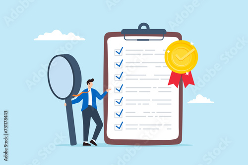 Businessman inspect quality control badge document with magnifying glass