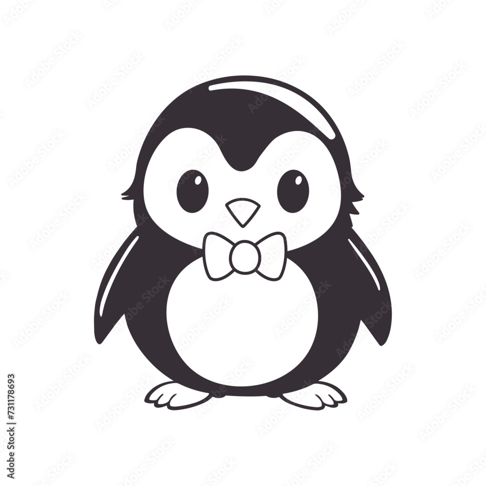 Fototapeta premium Cute penguin illustration for kids. adorable animal clipart for children Vector flat cartoon illustration Animal character for kids icon logo isolated black white