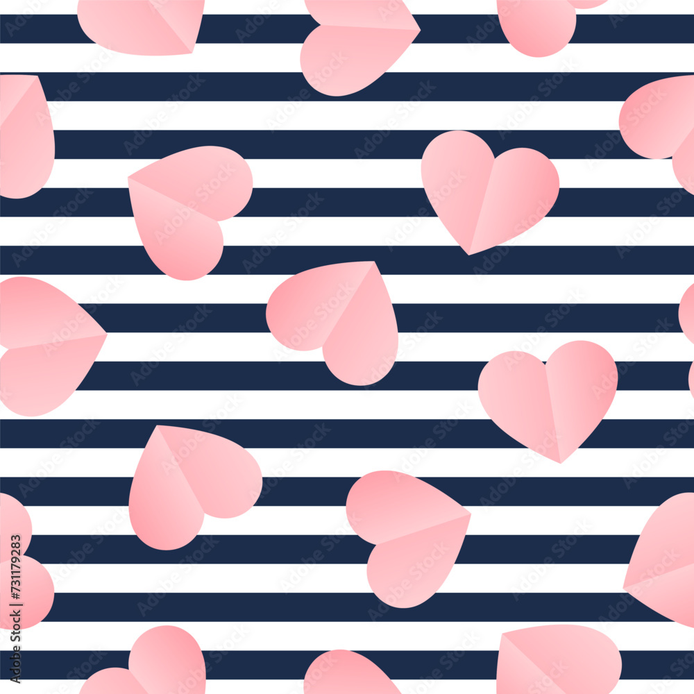 Obraz premium Seamless pattern with pink paper hearts and black stripes
