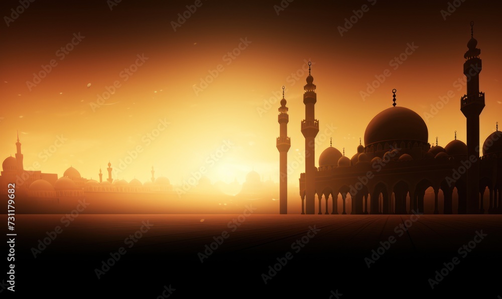 The Majestic Shadow of a Mosque at Sunset. Golden Silhouette