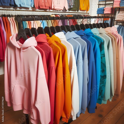 Color pastel t-shirt and sweatshirts hang on hangers in clothing store
