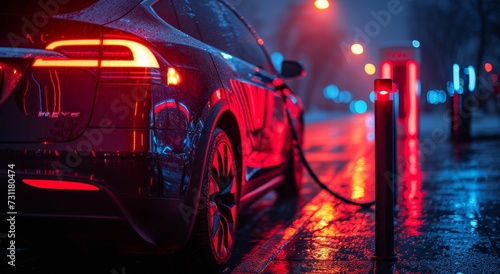 A sleek red car sits parked at a charging station, its tires illuminated by the bright automotive lights against the dark night sky, symbolizing the intersection of technology and transportation in o