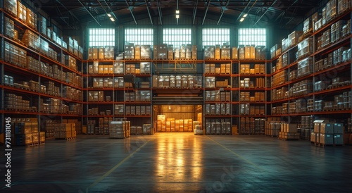 Amidst the towering shelves and stacked boxes, a solitary figure stands in the vast warehouse, lost in the endless possibilities of the indoor library room