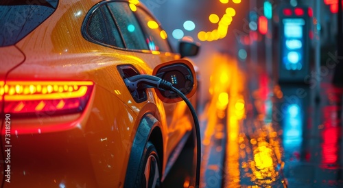 A vibrant yellow city car charges under the glowing lights of a charging station, its sleek design and glowing red accents making it stand out in the dark urban landscape © familymedia