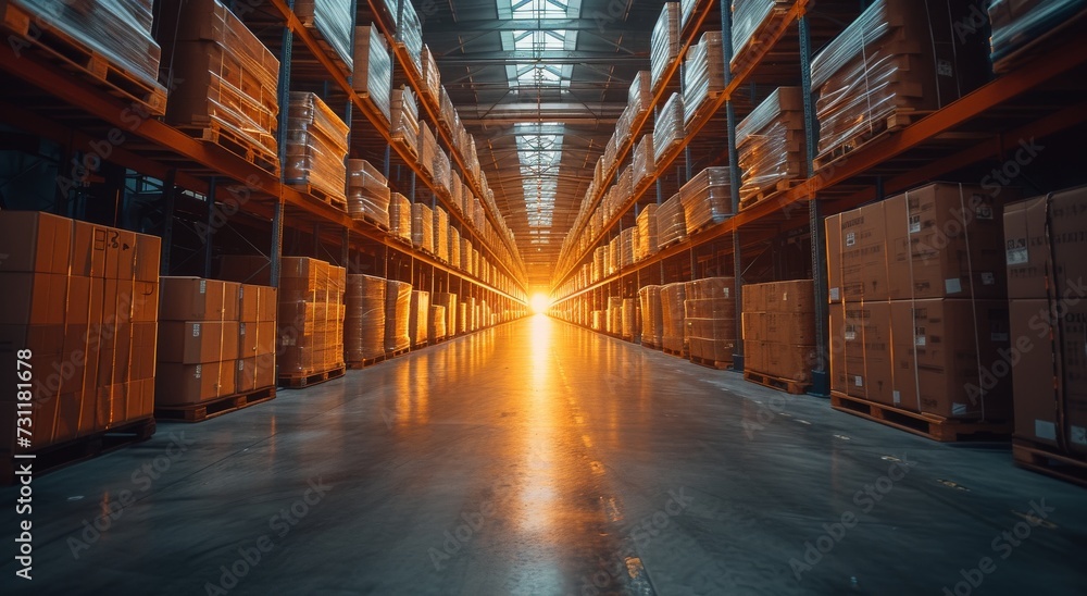 A vast indoor building with towering shelves stretching towards the ceiling, its empty floor echoing with the memories of past inventory, waiting to be filled once again with the hum of activity and 