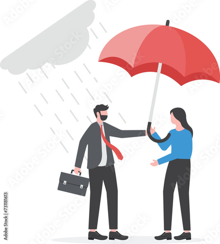 Altruism selfless principle for leadership to protect team and success together, gentleman or team support and caring, respect or empathy concept, kindness businessman offer umbrella to protect woman.