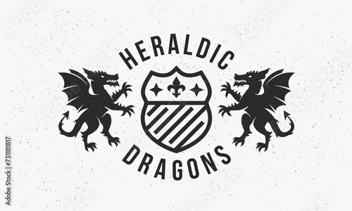 Dragon vintage logo. Heraldic crest  template logo with standing Dragons. Label, badge, emblem for Coat of Arms, Vintage Crest, Luxury logo. Vector illustration
