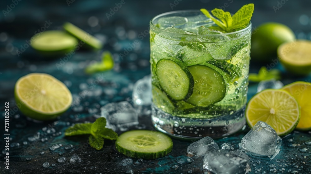 Cocktail with cucumber, ice on bar counter in a restaurant, pub. Cocktail with cucumber, ice on bar counter in a restaurant, pub.
