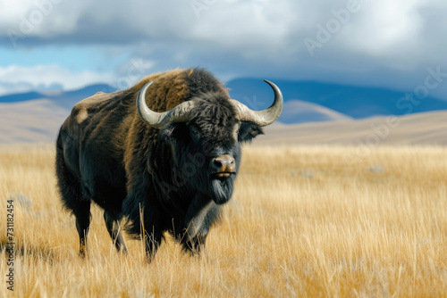 The imposing figure of a yak buffalo in its grassland realm