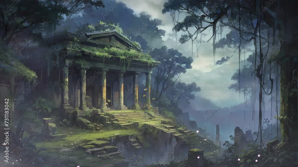 Within the depths of a breathtaking forest, an ancient temple's ruins are adorned with moss, and butterflies add a touch of magic to the scene. Within the depths of a breathtaking forest, an ancient temple's ruins are adorned with moss, and butterflies add a touch of magic to the scene.