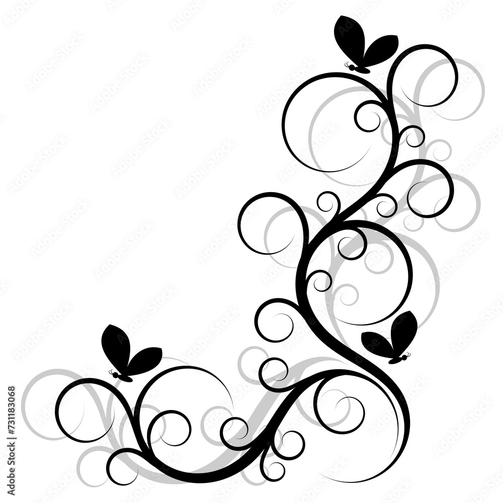 Corner black and gray monogram with swirls and butterflies. Floral design element. Corner vortex. Corner black and gray monogram with swirls and butterflies. Floral design element. Corner vortex.