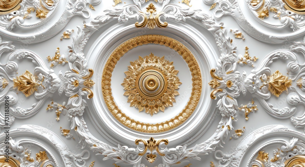 3d wallpaper for ceiling with white golden decoration model. Victorian style and decorative frame background - obrazy, fototapety, plakaty 