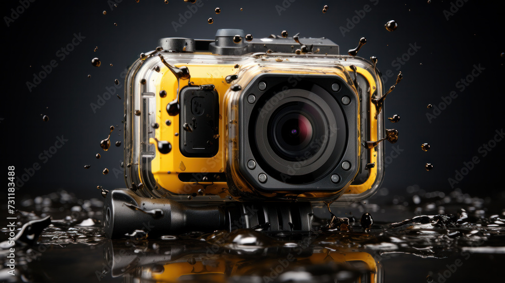 Naklejka premium High definition sport camera yellow camera filming video in dirt