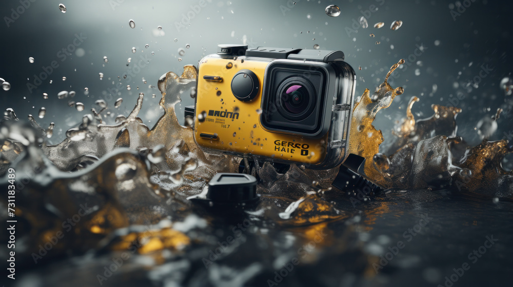 High definition sport camera yellow camera filming video in dirt