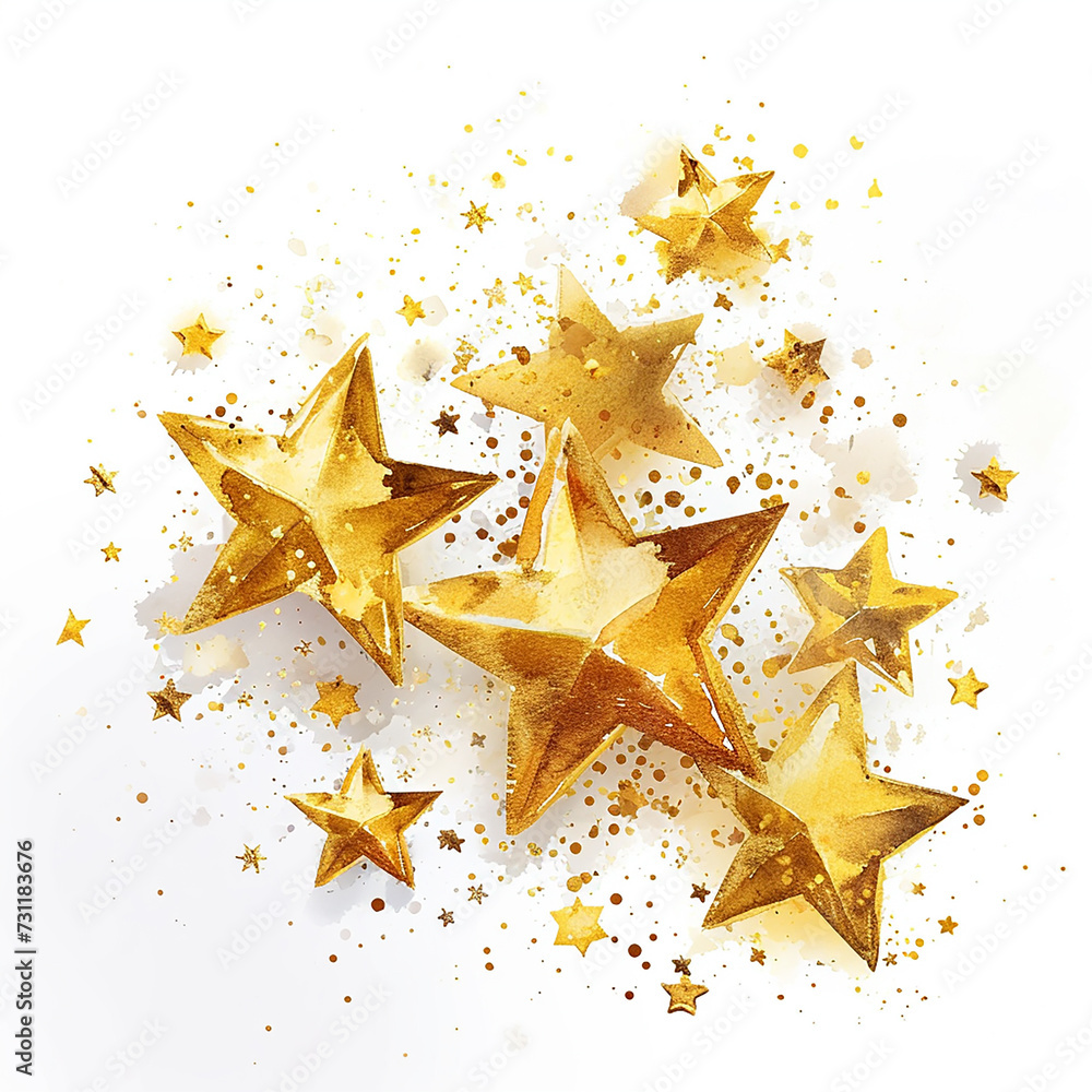 golden 3d stars set cartoon style watercolor illustration on white background golden 3d stars set cartoon style watercolor illustration on white background
