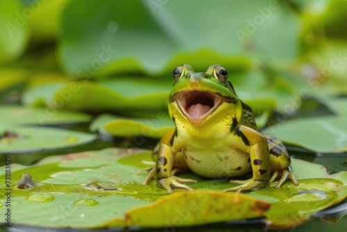 A frog striking a funny pose on a lily pad © Venka