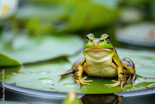 A frog striking a funny pose on a lily pad