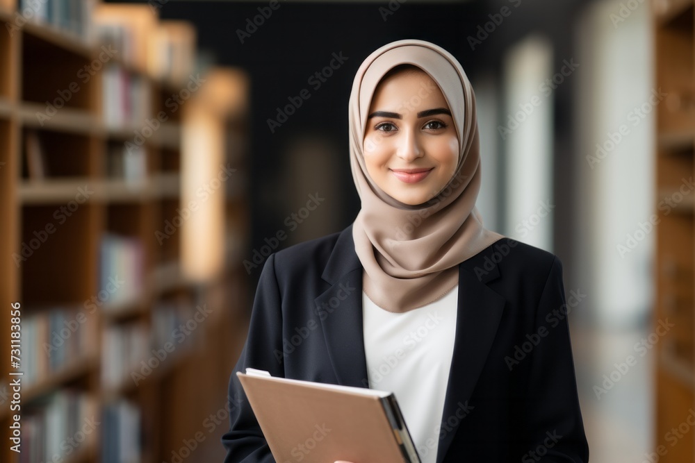 A young Muslim woman with her head covered stands in the library among books. Islamic education concept for women A young Muslim woman with her head covered stands in the library among books. Islamic education concept for women